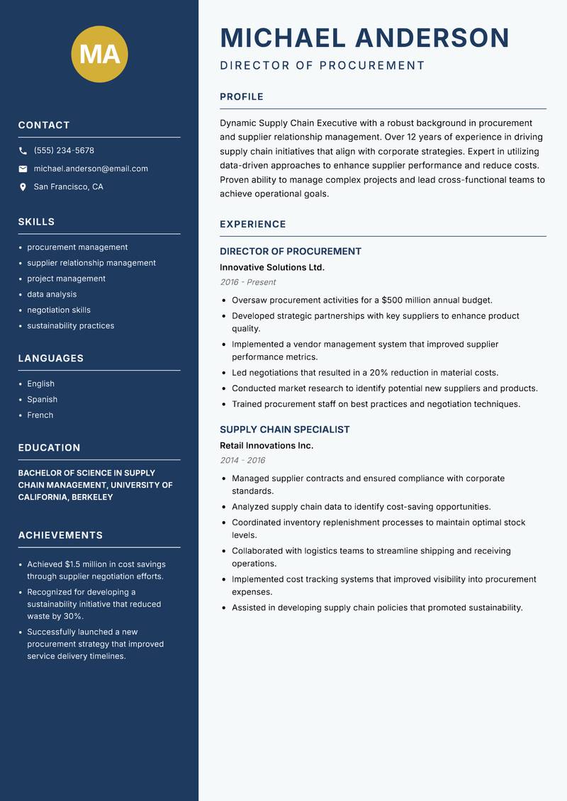 Supply Chain Executive Resume Preview Example