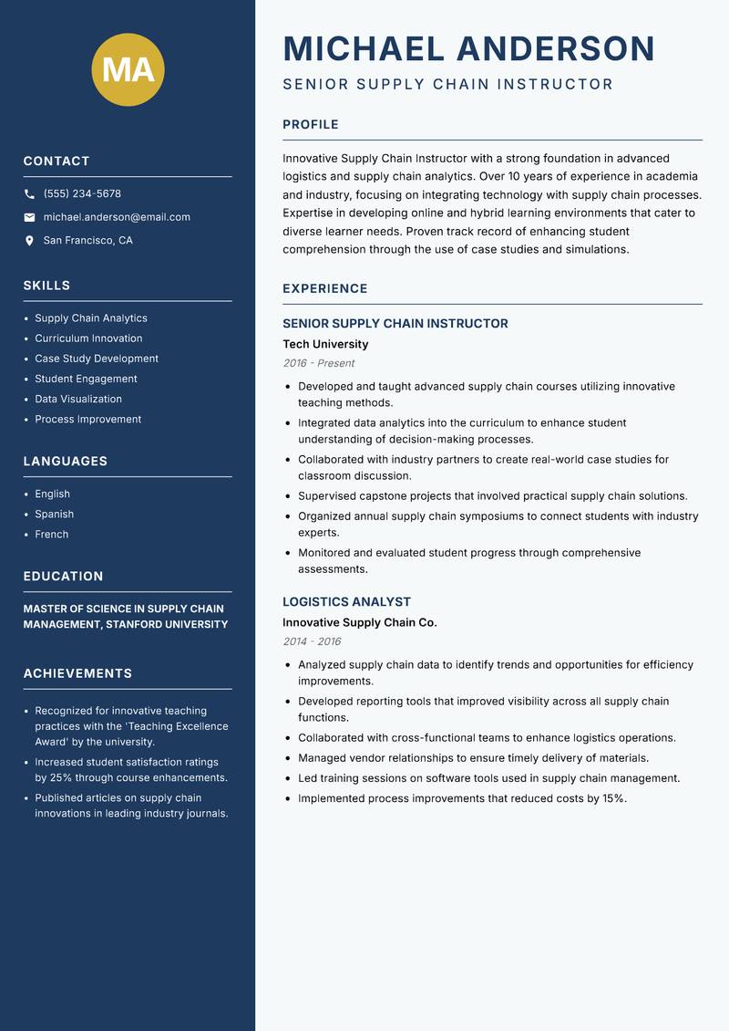 Supply Chain Instructor Resume Preview Example