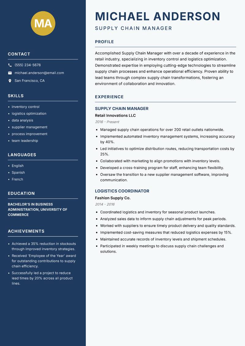 Supply Chain Manager Resume Preview Example