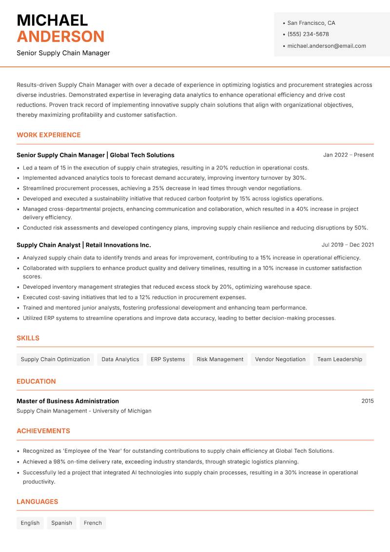 Supply Chain Manager Resume Template