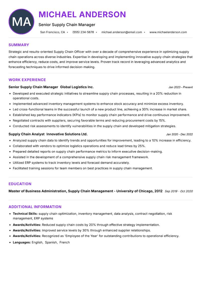 Supply Chain Officer Resume Preview Example