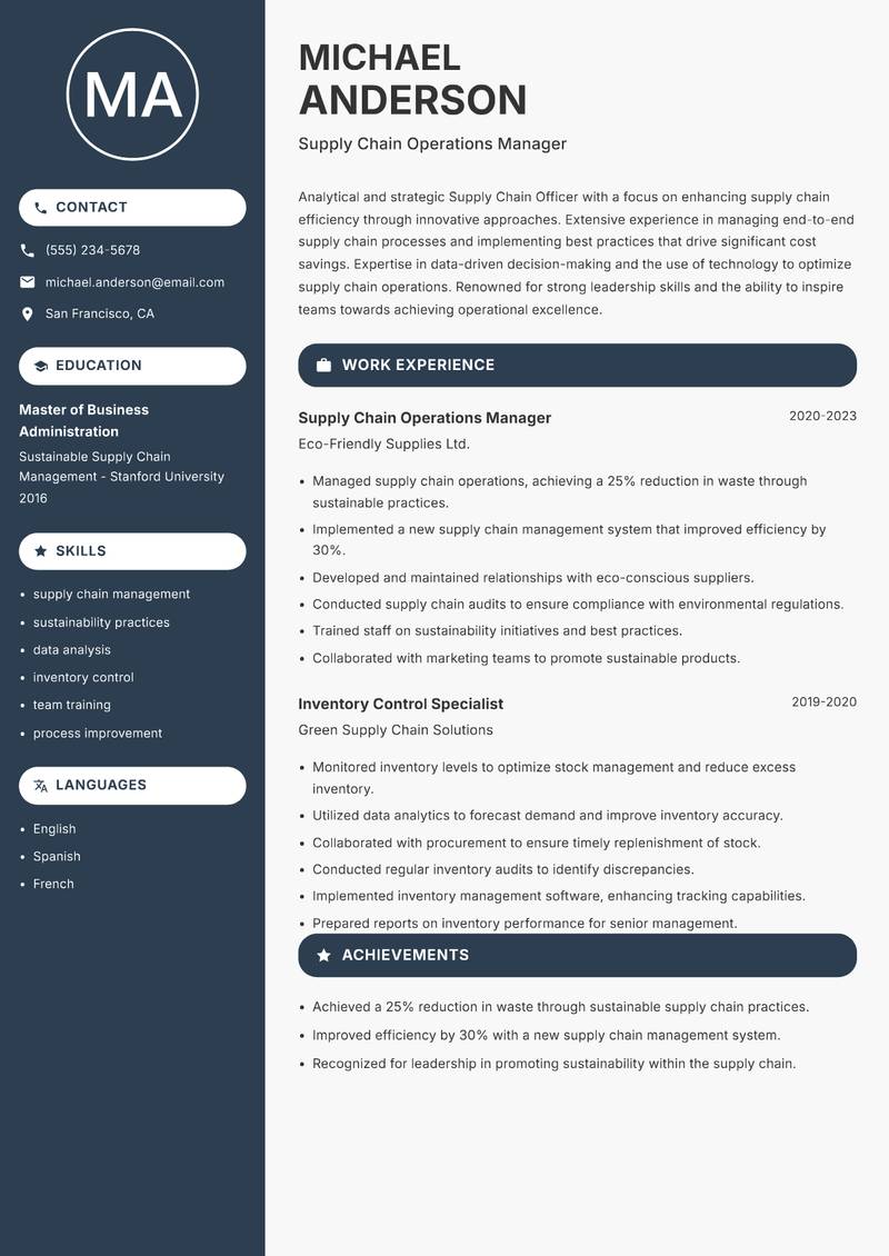 Supply Chain Officer Resume Preview Example