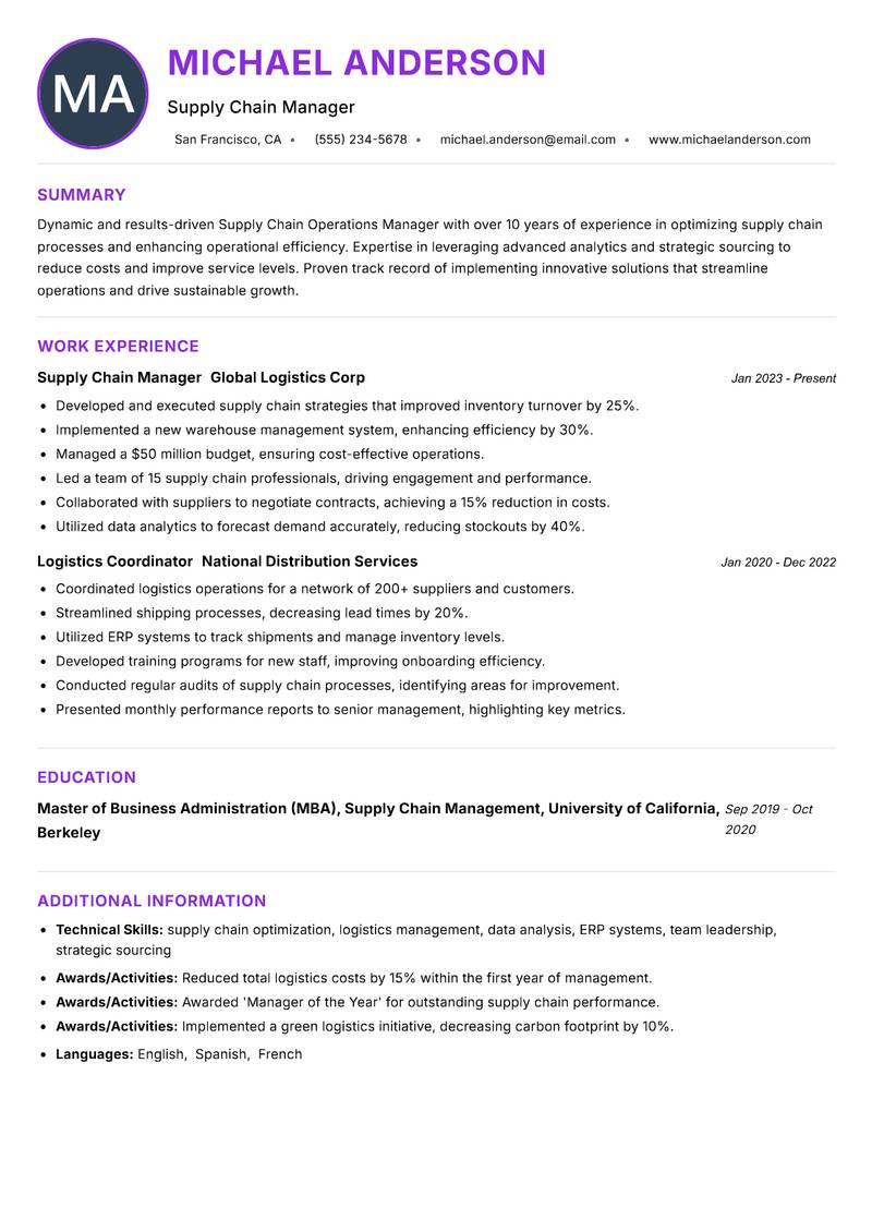 Supply Chain Operations Manager Resume Preview Example