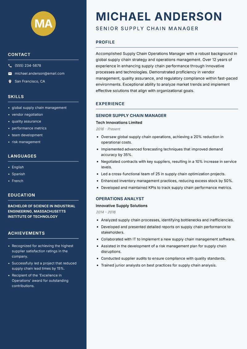 Supply Chain Operations Manager Resume Preview Example