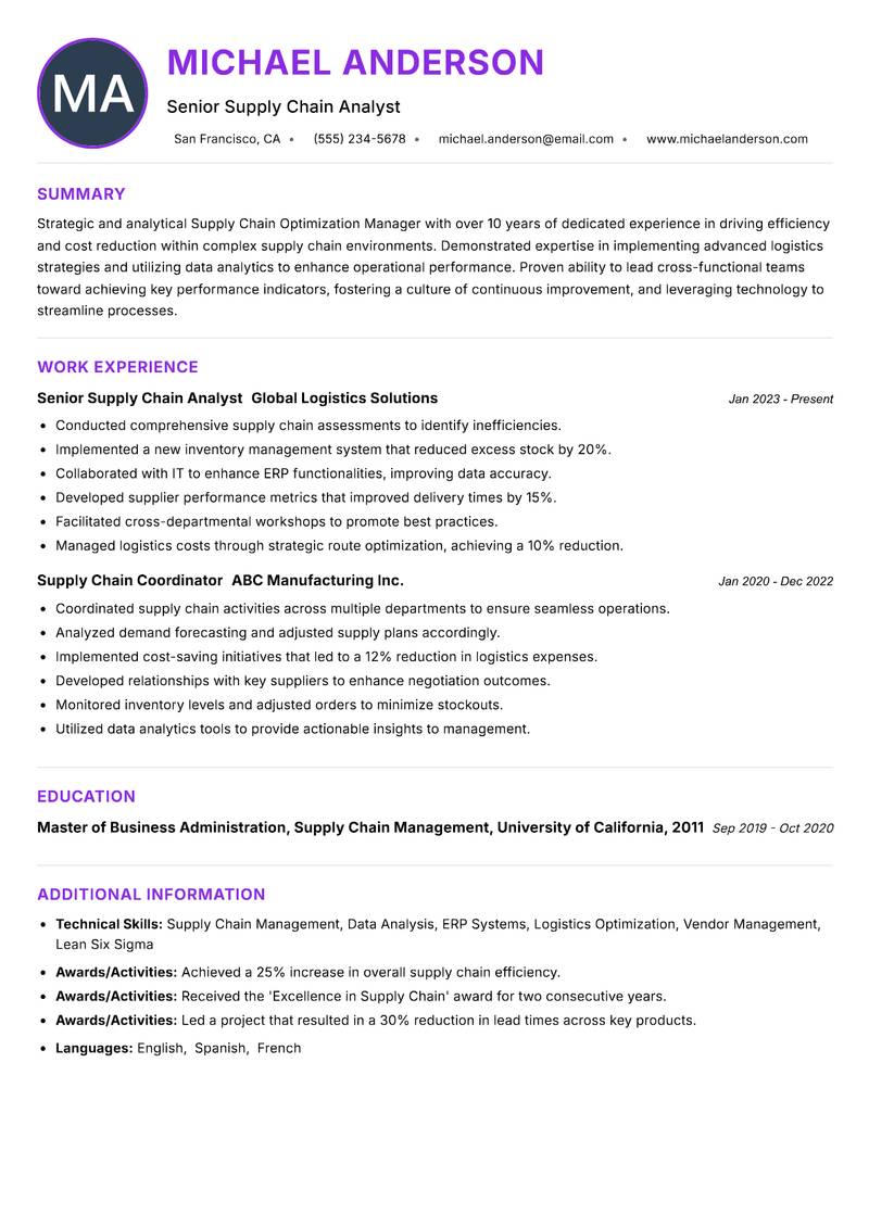 Supply Chain Optimization Manager Resume Preview Example