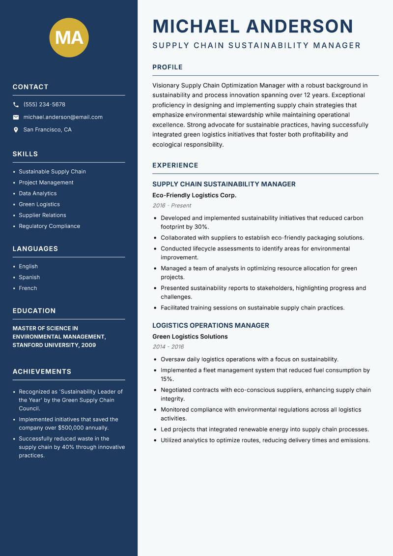 Supply Chain Optimization Manager Resume Preview Example