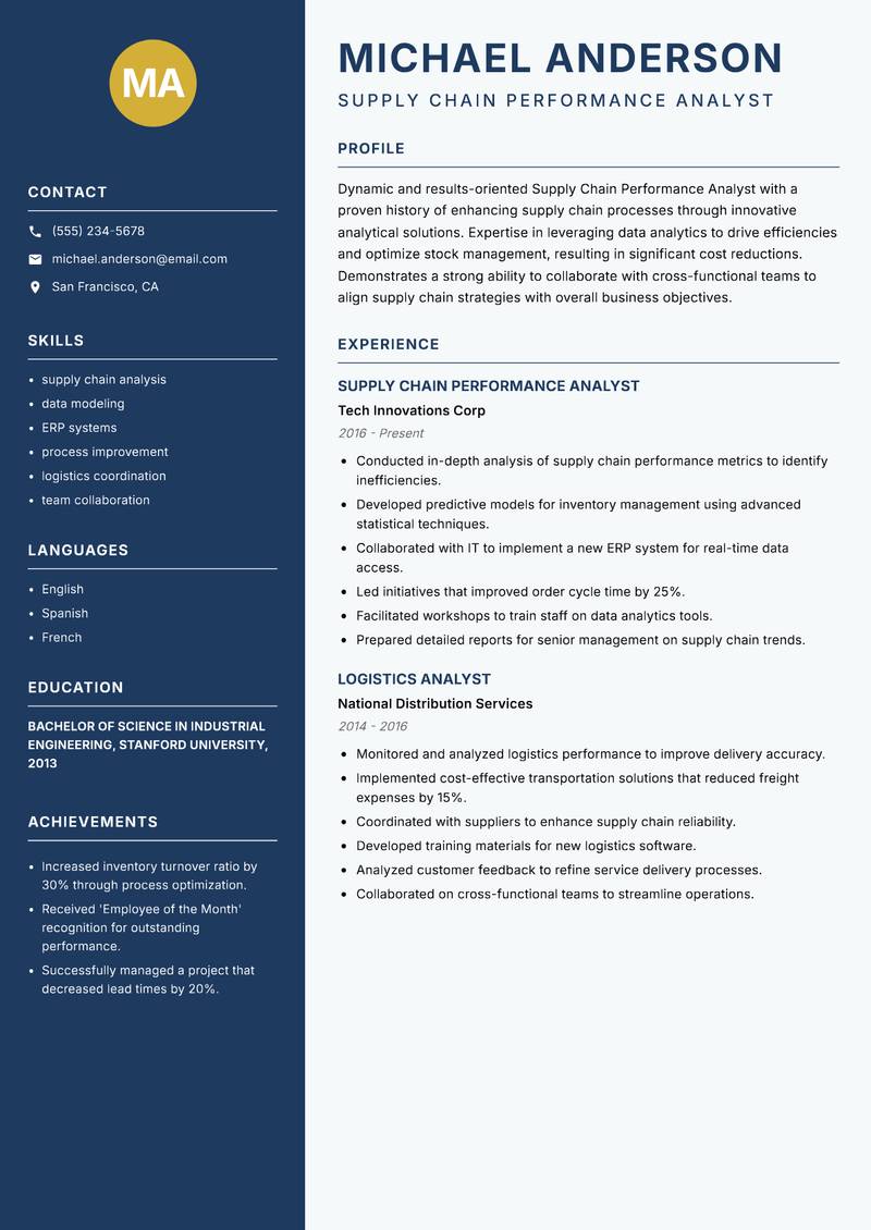 Supply Chain Performance Analyst Resume Preview Example