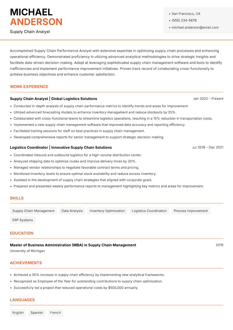 Supply Chain Performance Analyst Resume Template
