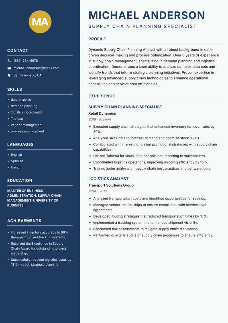 Supply Chain Planning Analyst Resume Preview Example