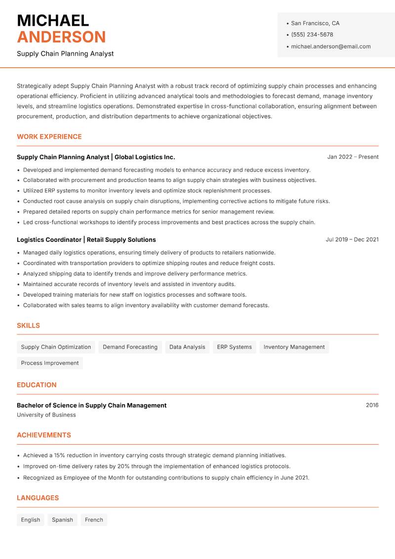 Supply Chain Planning Analyst Resume Template