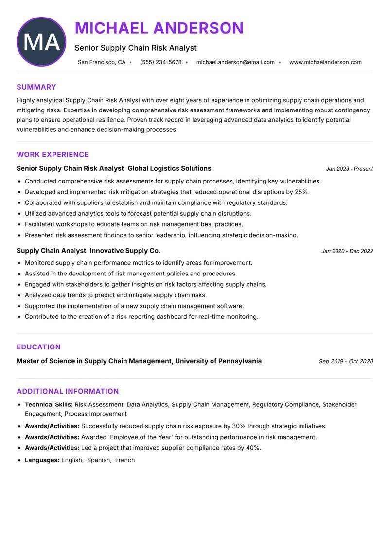 Supply Chain Risk Analyst Resume Preview Example