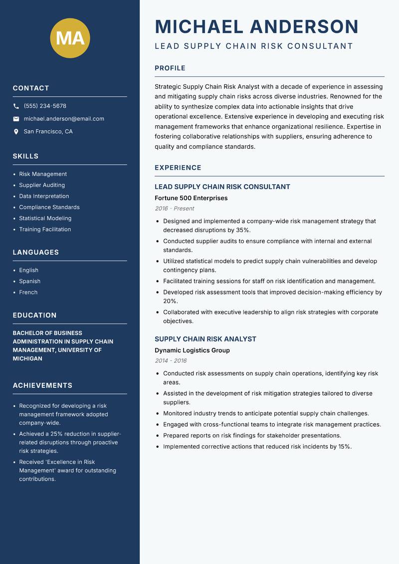 Supply Chain Risk Analyst Resume Preview Example