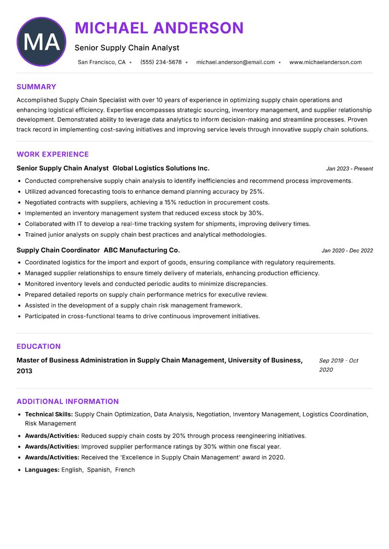 Supply Chain Specialist Resume Preview Example