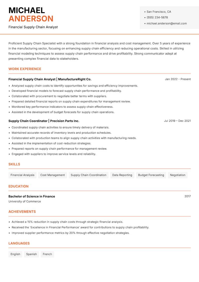 Supply Chain Specialist Resume Template