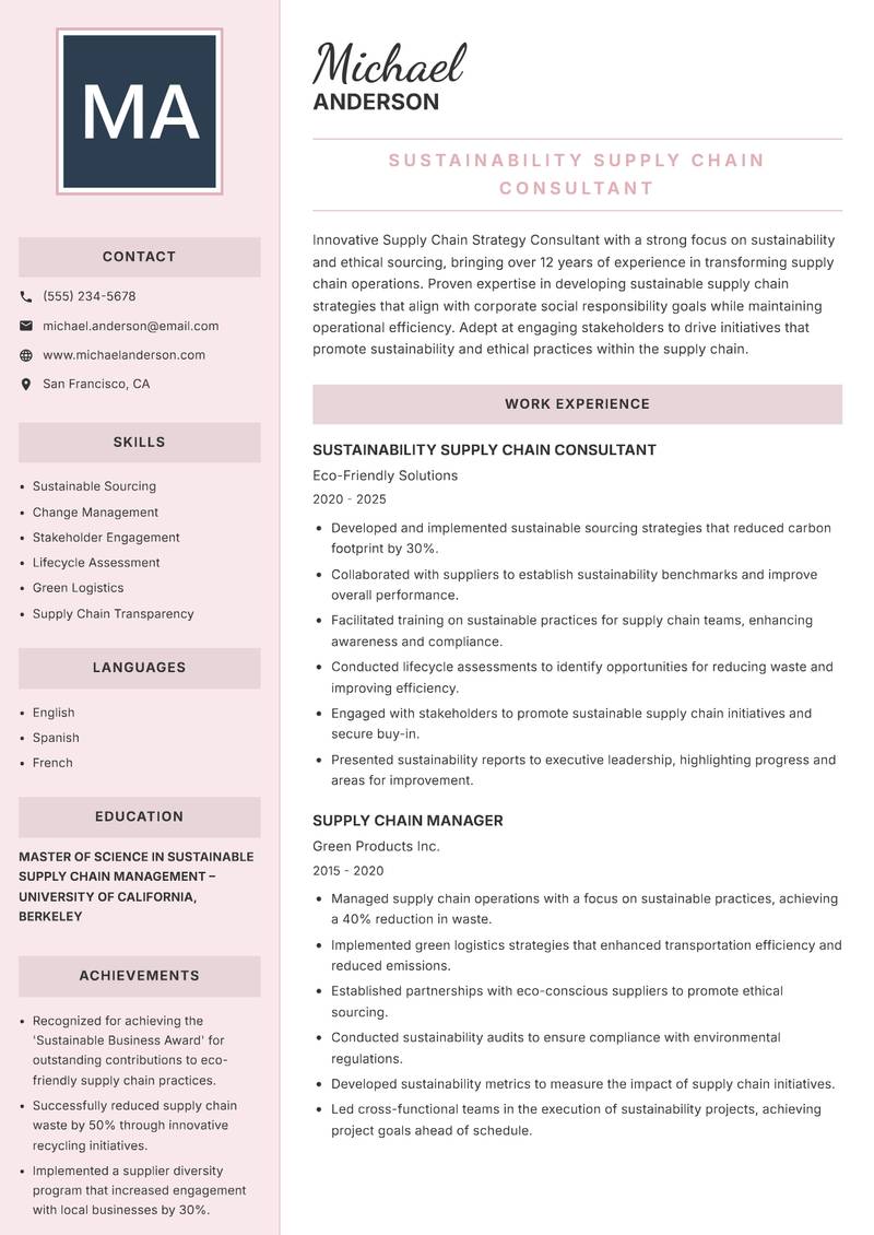 Supply Chain Strategy Consultant Resume Preview Example