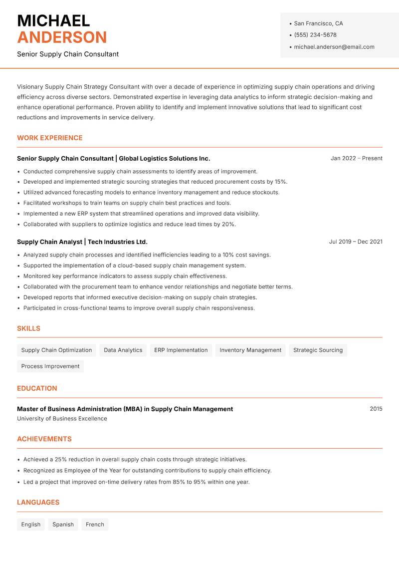 Supply Chain Strategy Consultant Resume Template