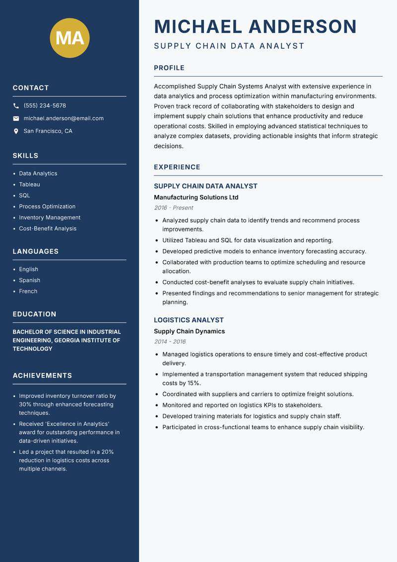 Supply Chain Systems Analyst Resume Preview Example