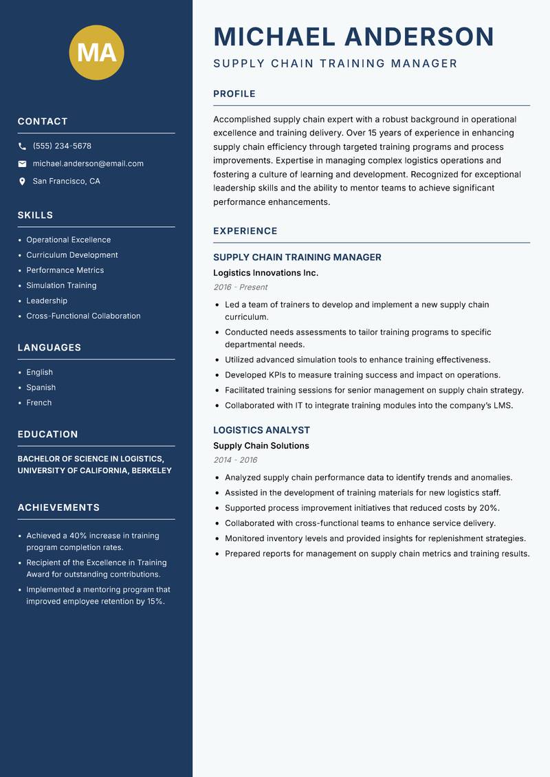 Supply Chain Trainer Resume Preview Example