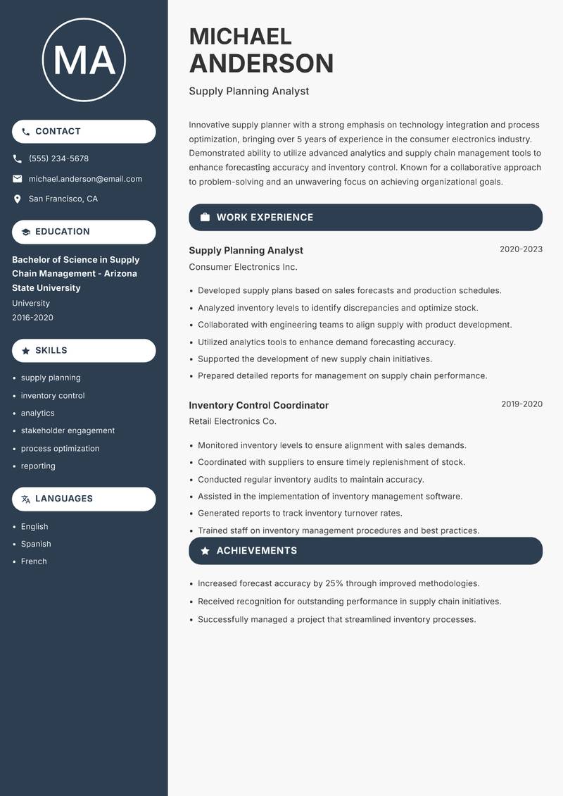Supply Planner Resume Preview Example