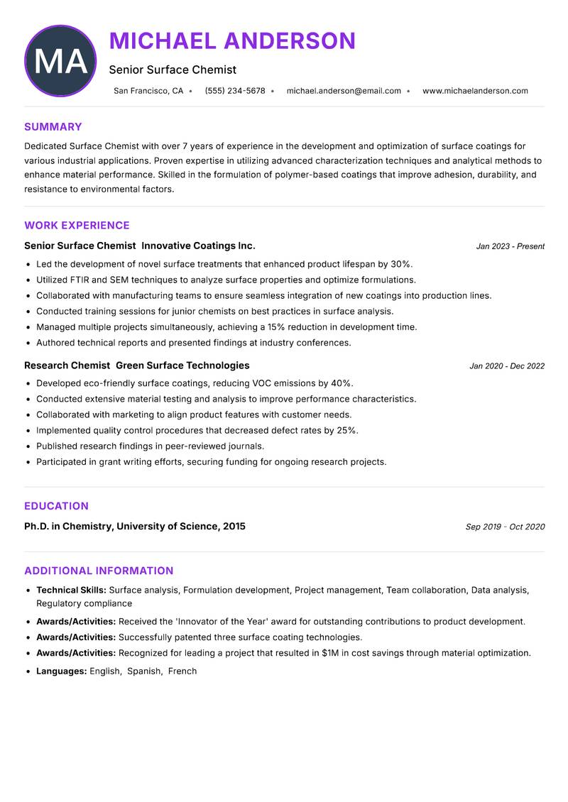 Surface Chemist Resume Preview Example