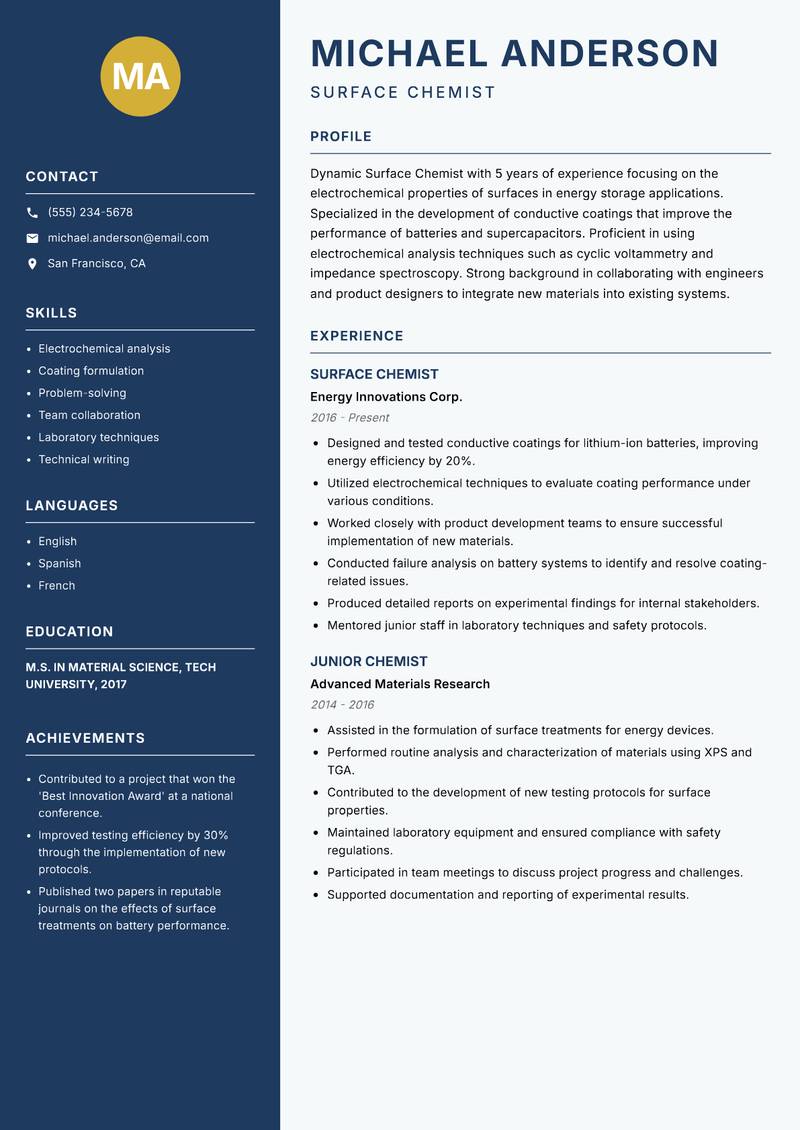 Surface Chemist Resume Preview Example