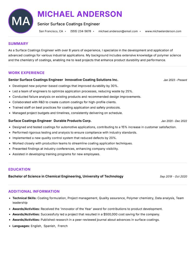 Surface Coatings Engineer Resume Preview Example