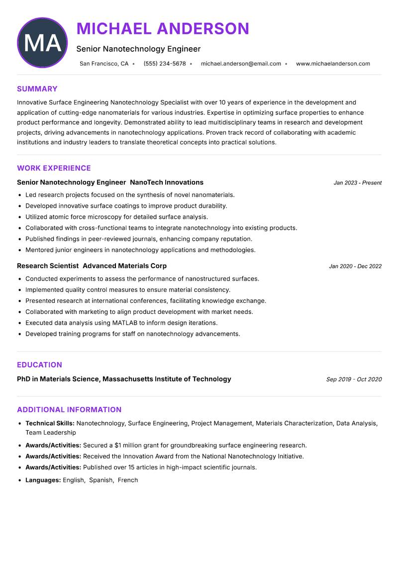 Surface Engineering Nanotechnology Specialist Resume Preview Example