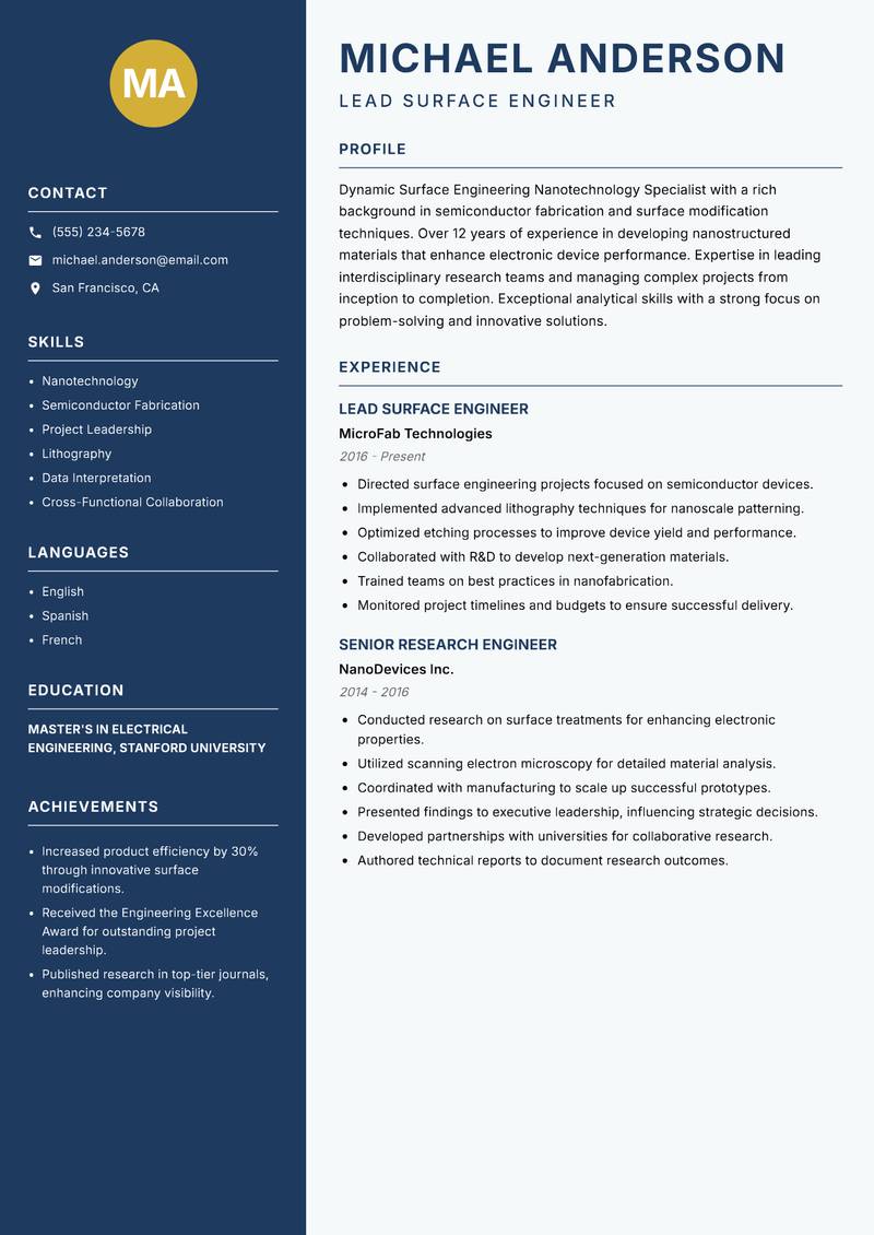 Surface Engineering Nanotechnology Specialist Resume Preview Example