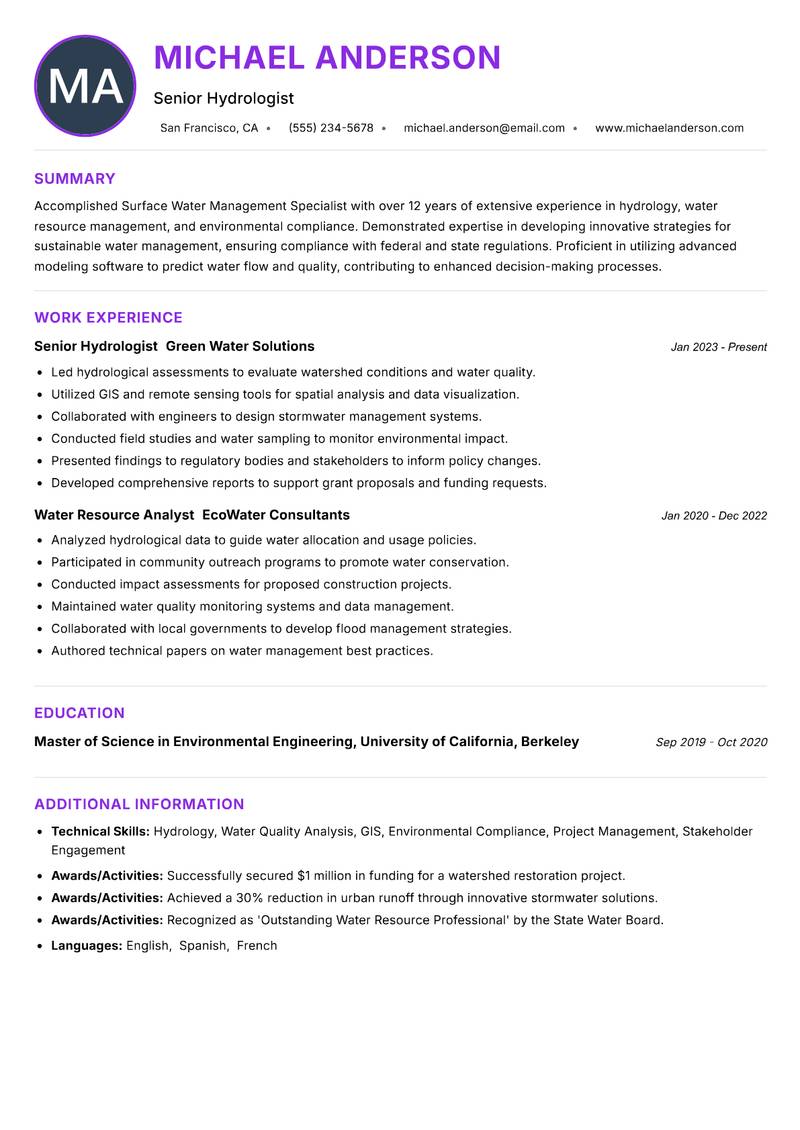 Surface Water Management Specialist Resume Preview Example