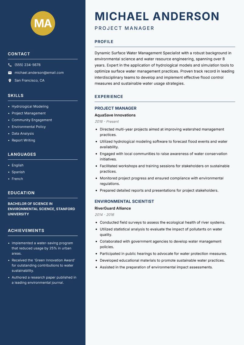 Surface Water Management Specialist Resume Preview Example