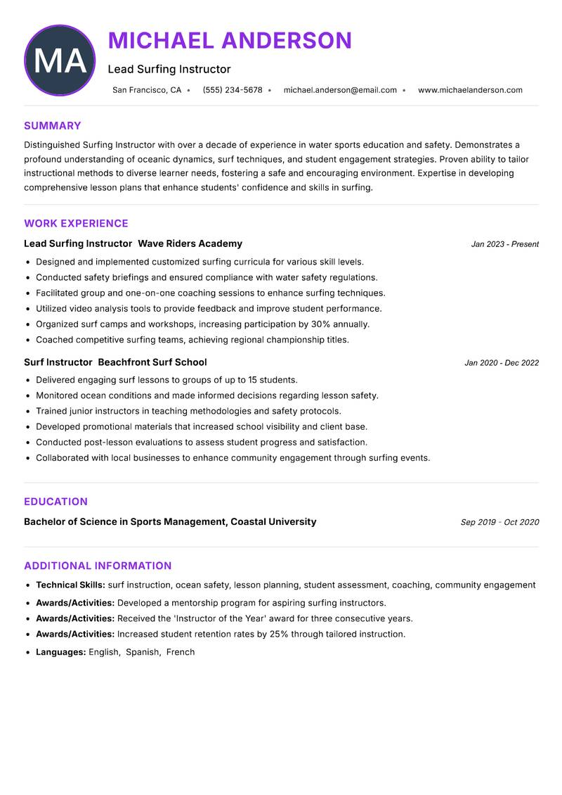 Surfing Instructor Resume Preview Example