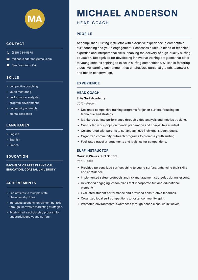 Surfing Instructor Resume Preview Example