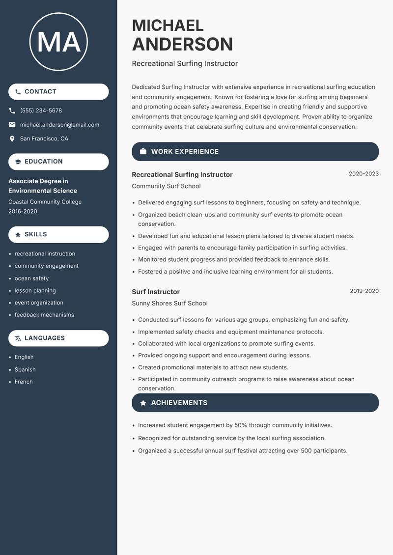 Surfing Instructor Resume Preview Example