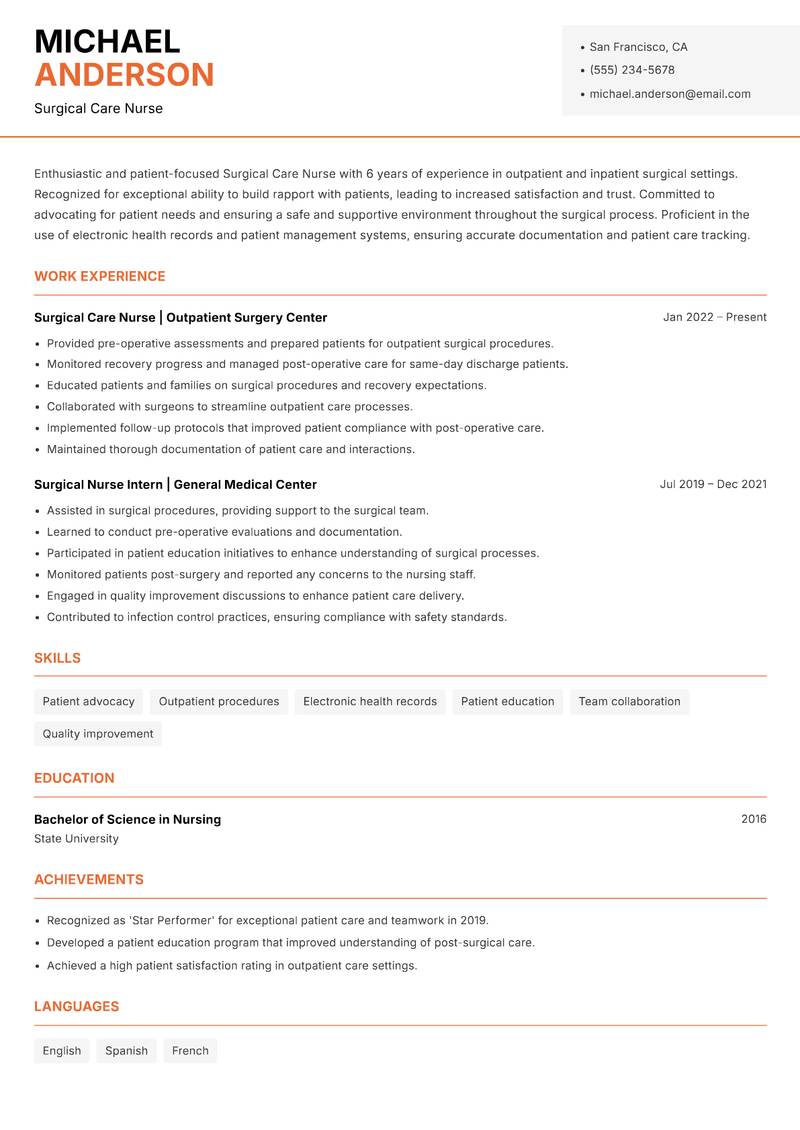 Surgical Care Nurse Resume Template