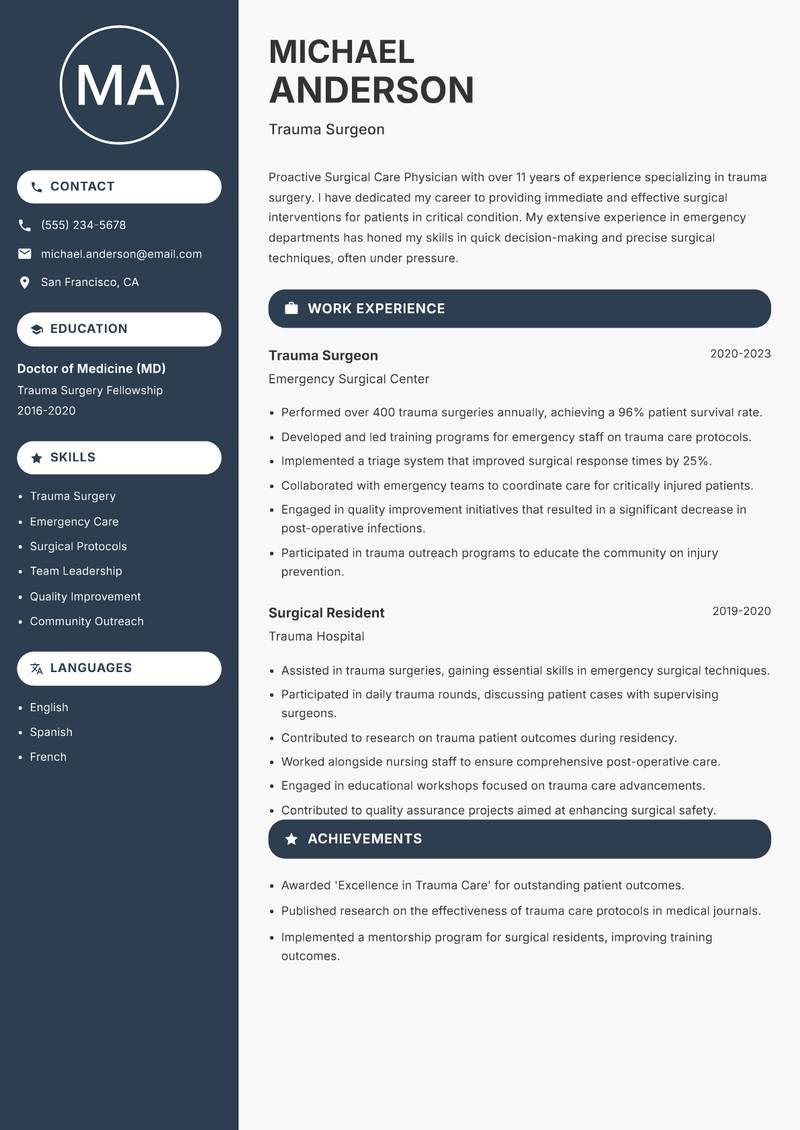 Surgical Care Physician Resume Preview Example