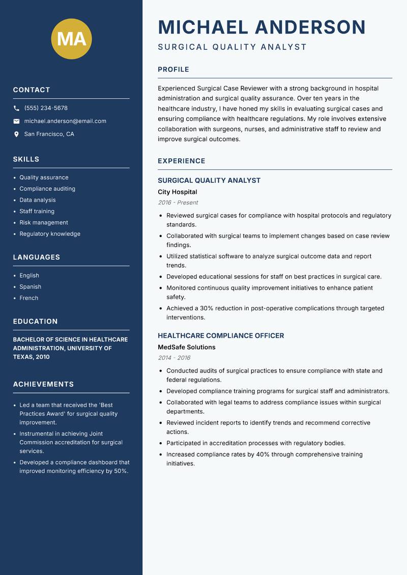 Surgical Case Reviewer Resume Preview Example