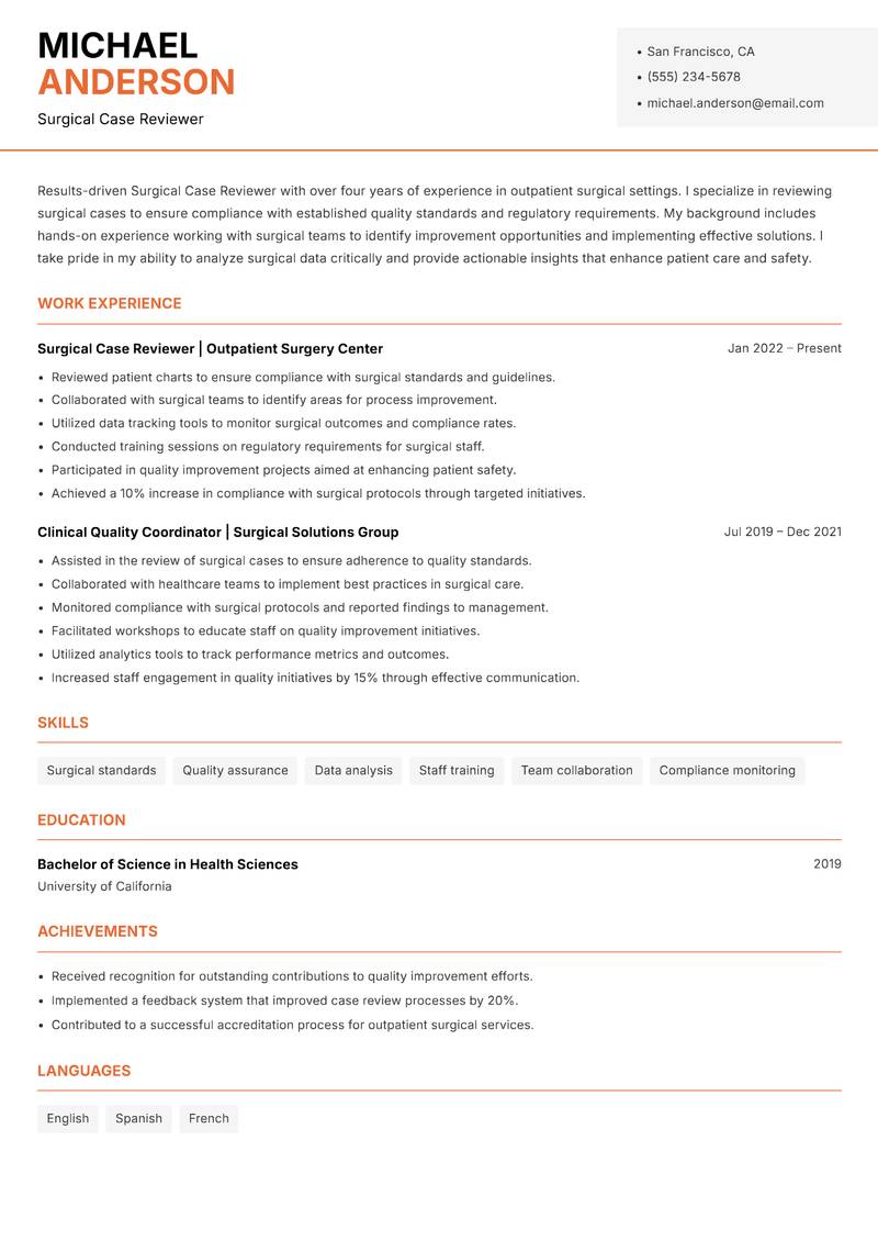 Surgical Case Reviewer Resume Template