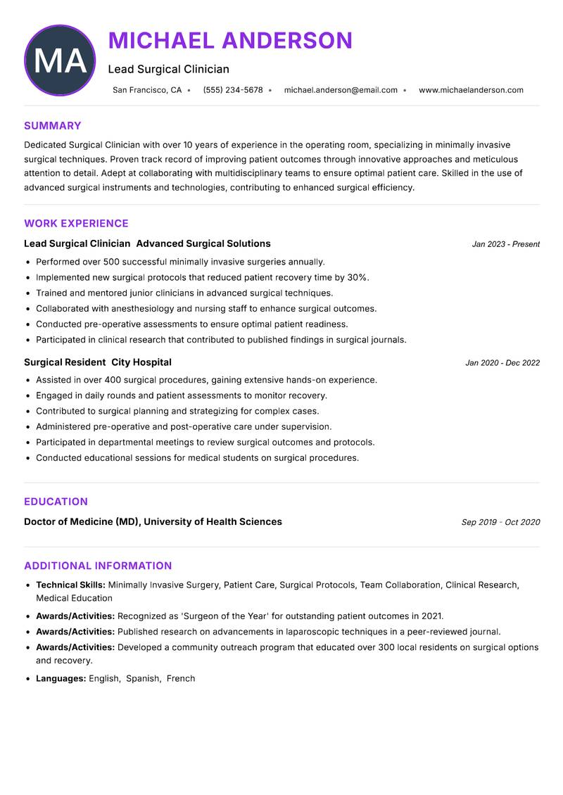 Surgical Clinician Resume Preview Example