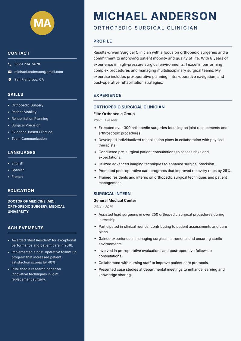 Surgical Clinician Resume Preview Example