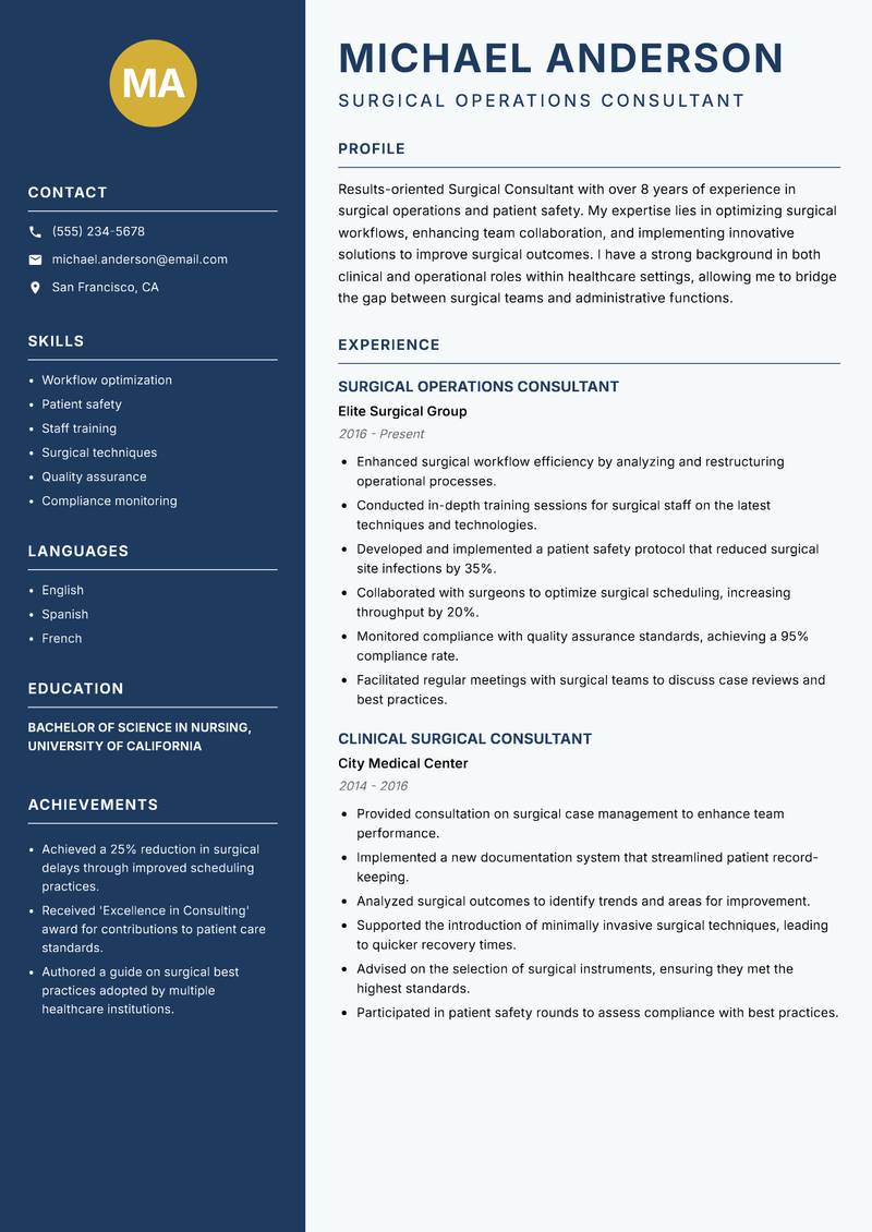 Surgical Consultant Resume Preview Example
