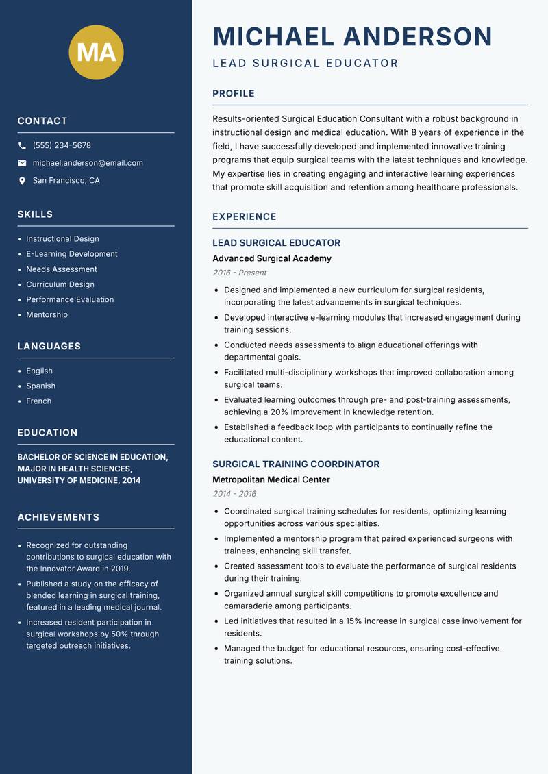 Surgical Education Consultant Resume Preview Example
