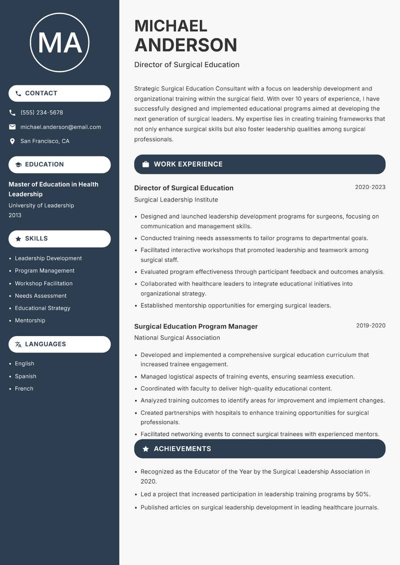 Surgical Education Consultant Resume Preview Example