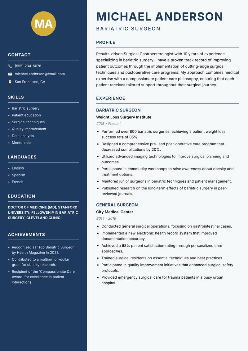 Surgical Gastroenterologist Resume Preview Example
