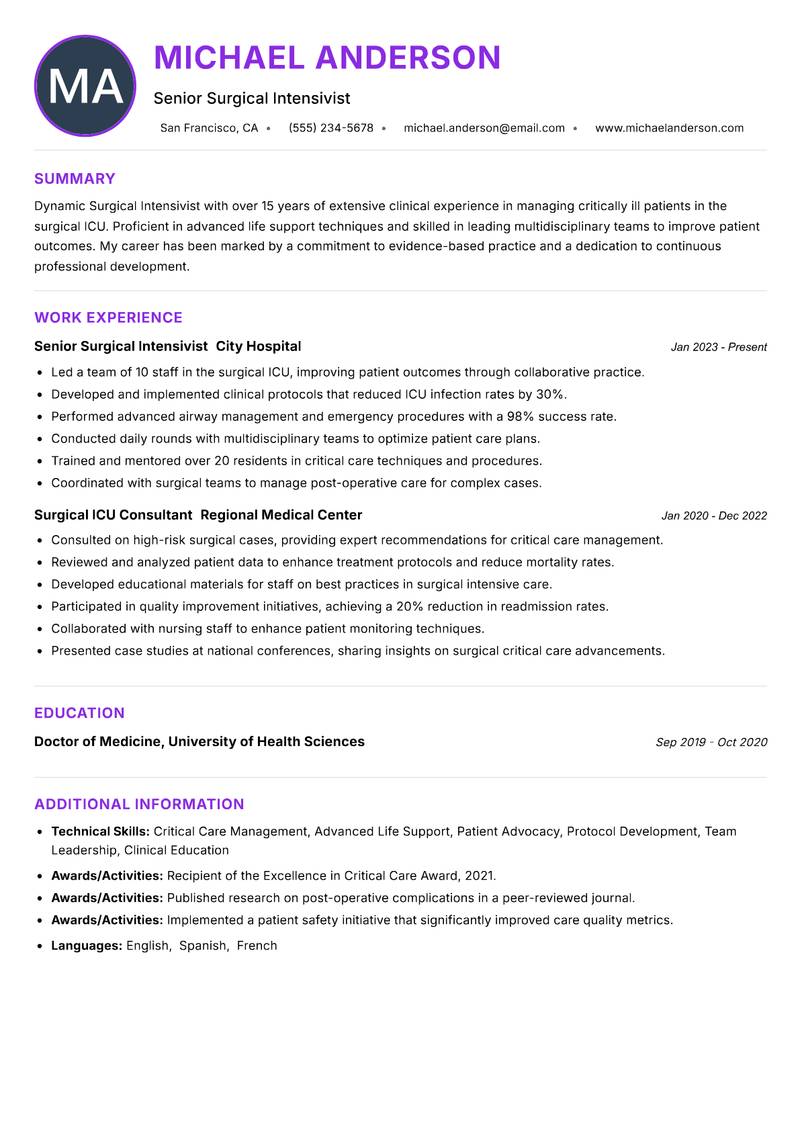Surgical Intensivist Resume Preview Example