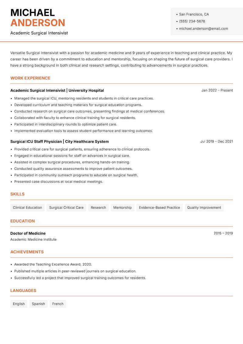Surgical Intensivist Resume Template