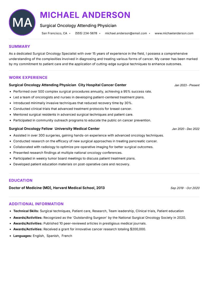 Surgical Oncology Specialist Resume Preview Example