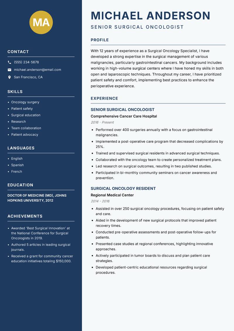 Surgical Oncology Specialist Resume Preview Example