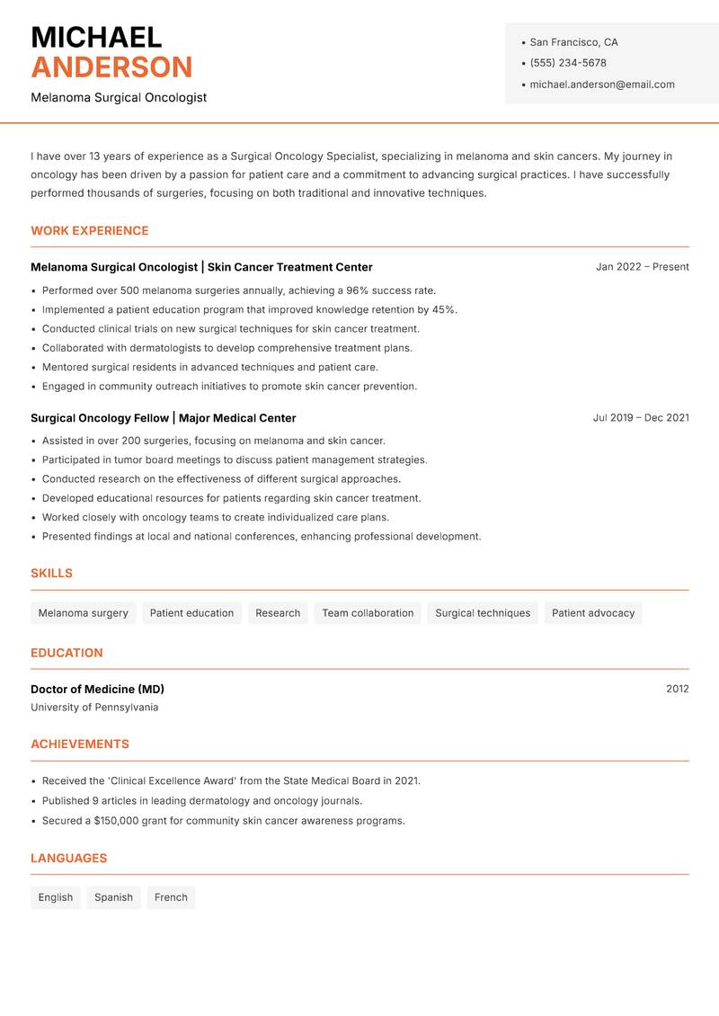 Surgical Oncology Specialist Resume Template