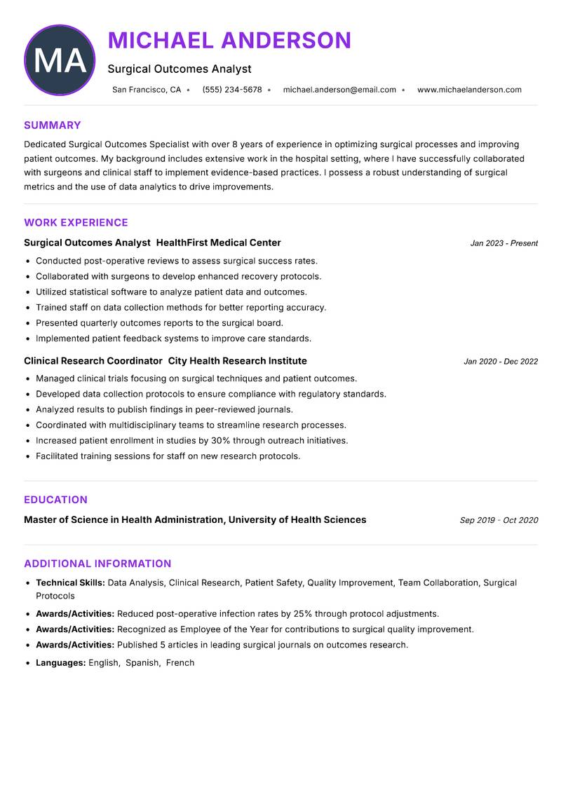 Surgical Outcomes Specialist Resume Preview Example