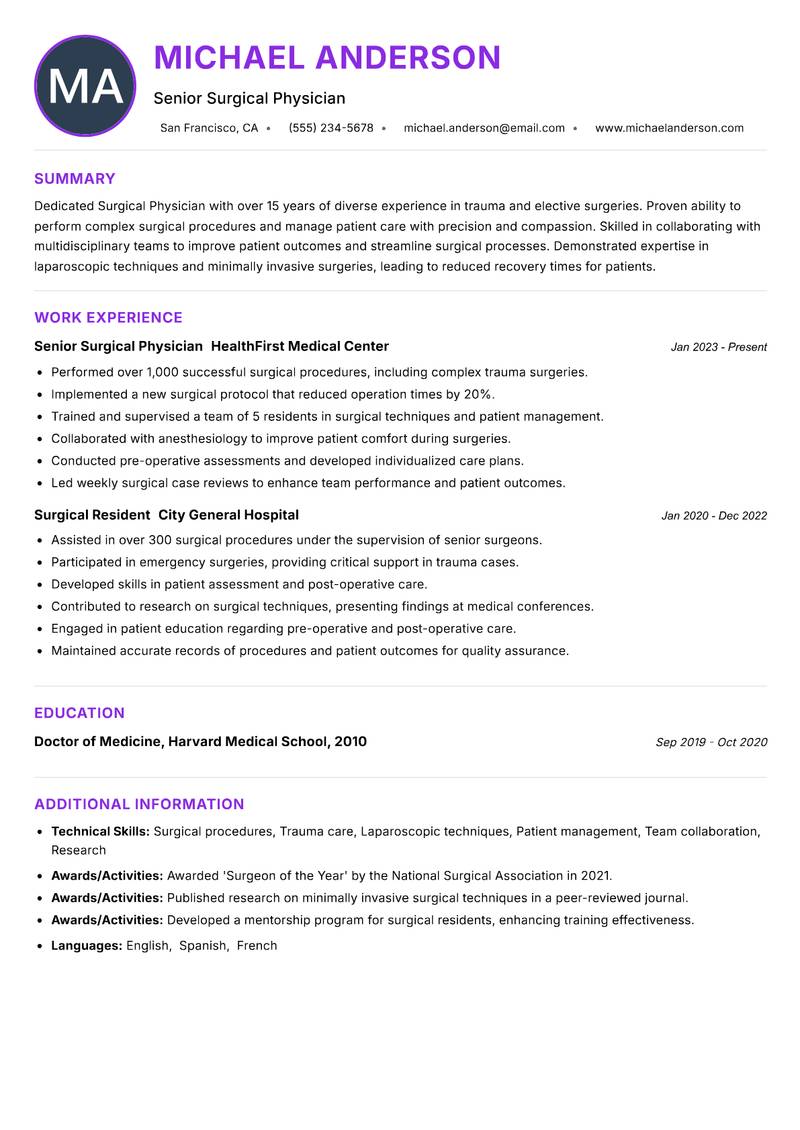 Surgical Physician Resume Preview Example